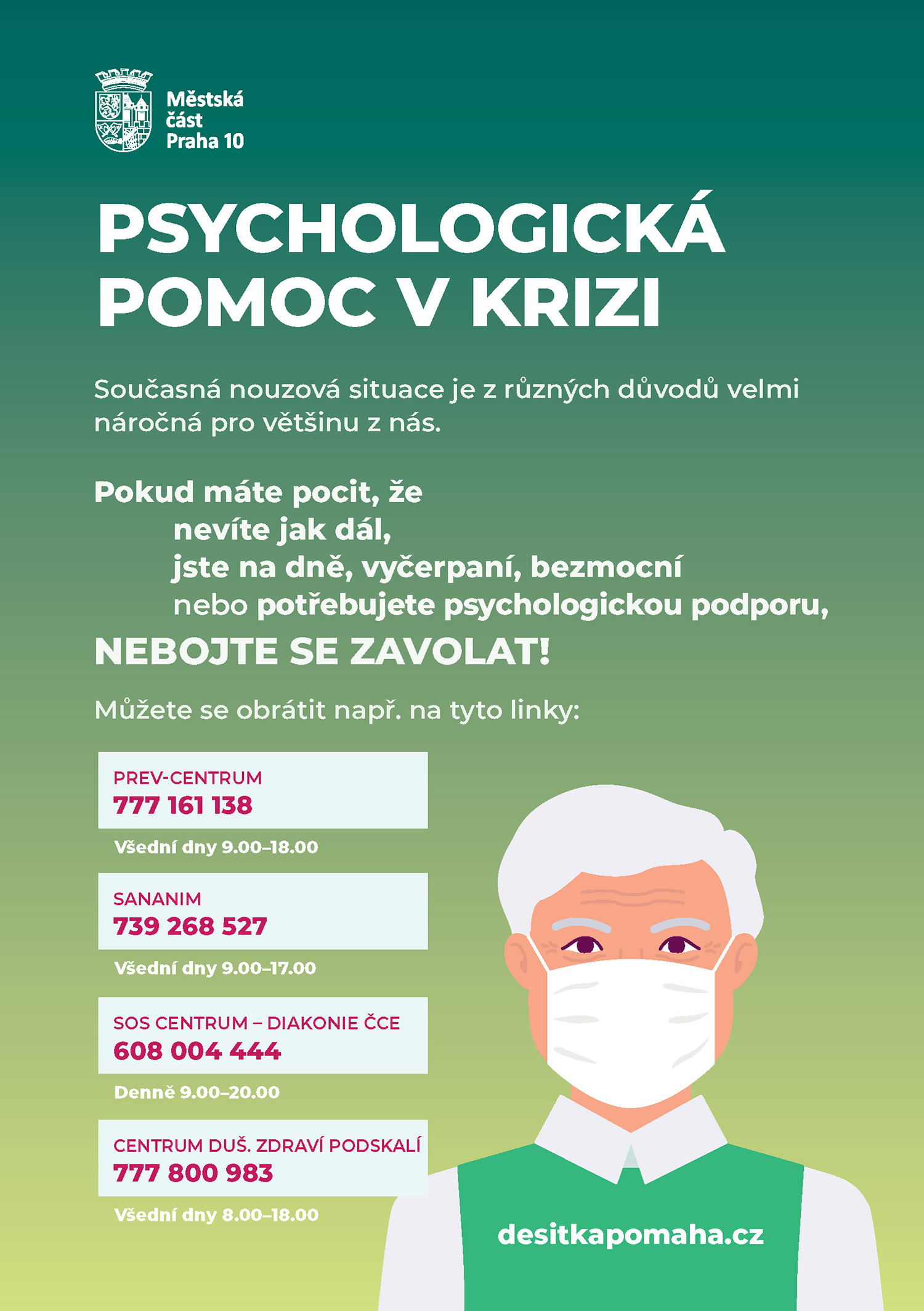 Informační leták Desítka pomáhá – psychologická pomoc v krizi – důležitá telefonní čísla