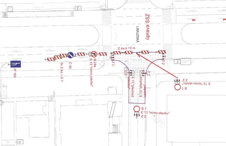Uzavírka křižovatky Limuzská x Počernická