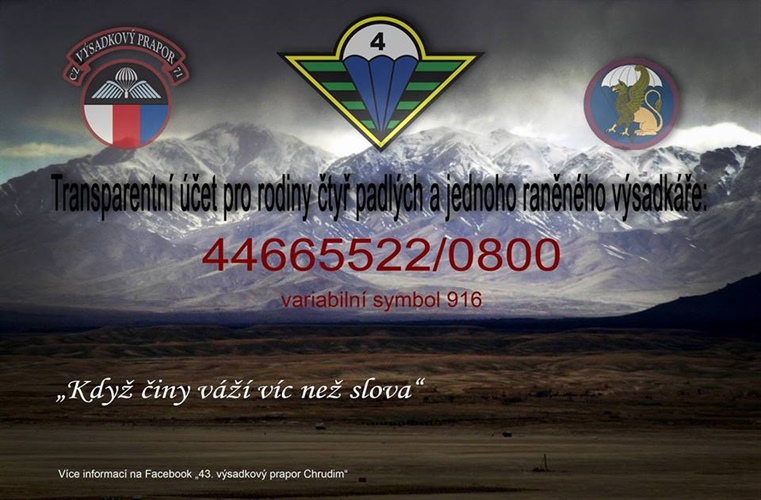 Charita vyhlásila sbírku pro rodiny padlých výsadkářů z Afghánistánu